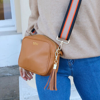 Personalised Tan Leather Handbag With Canvas Strap, 2 of 6