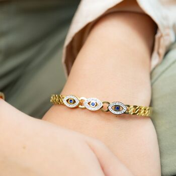 18ct Rose Gold Plated Evil Eye Brass Gold Zircon Bangle Bracelet, 5 of 7
