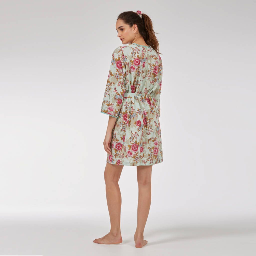 Short Cotton Robe In Blue Rose Floral By Caro London ...