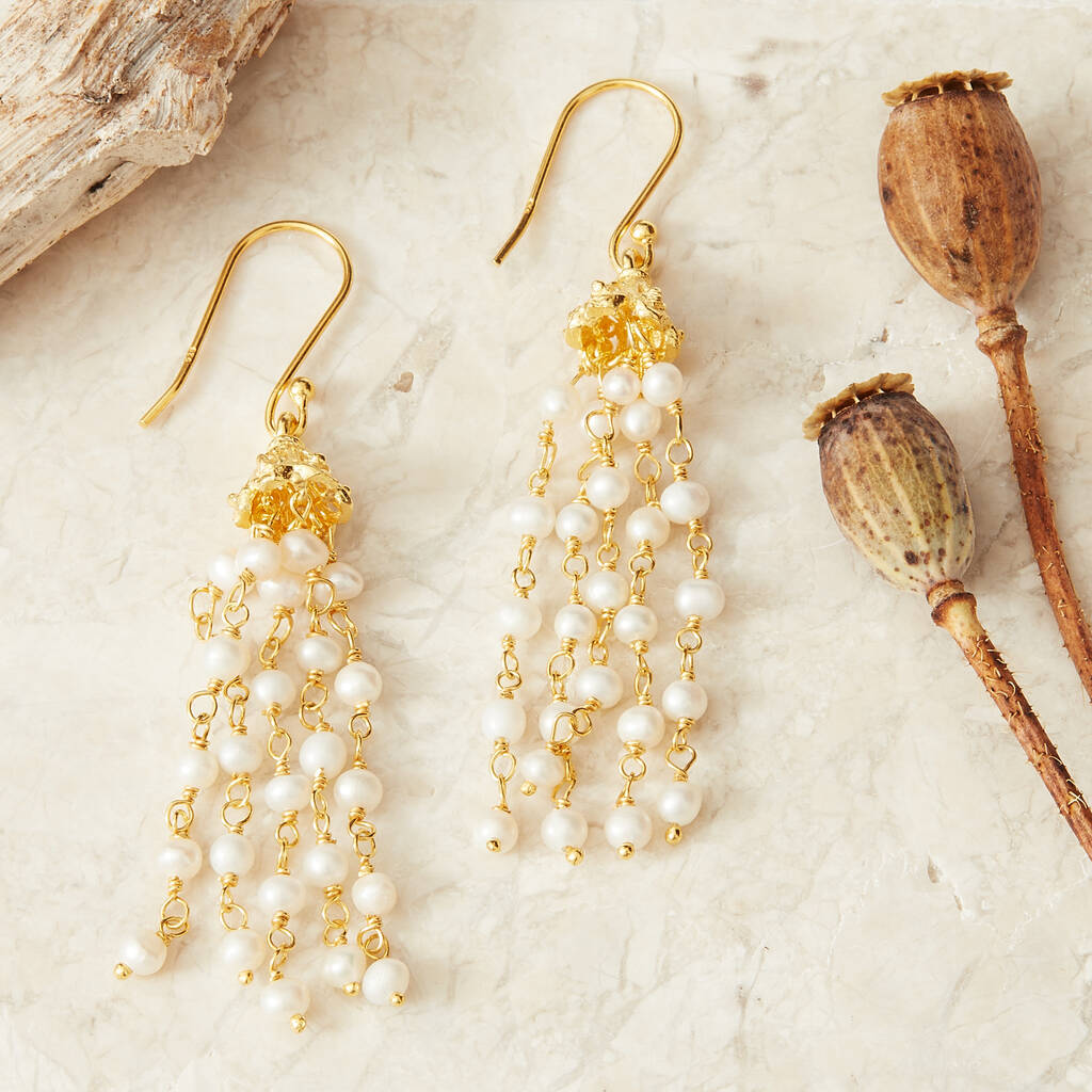 Seed Pearl Gold Plated Silver Beaded Tassel Earrings By Rochejewels