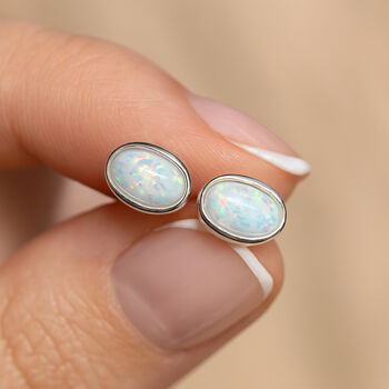 Sterling Silver White Opal Oval Stud Earrings, 4 of 11