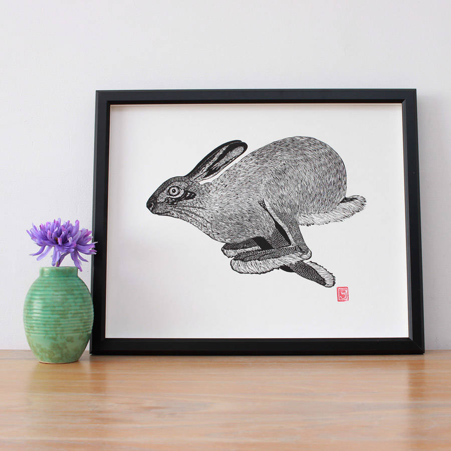hare linocut print handprinted by inkonk