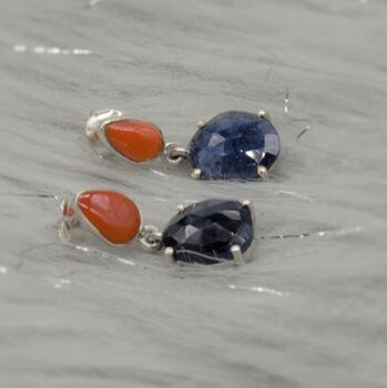 Raw Blue Sapphire, Coral Silver Earrings, 4 of 7