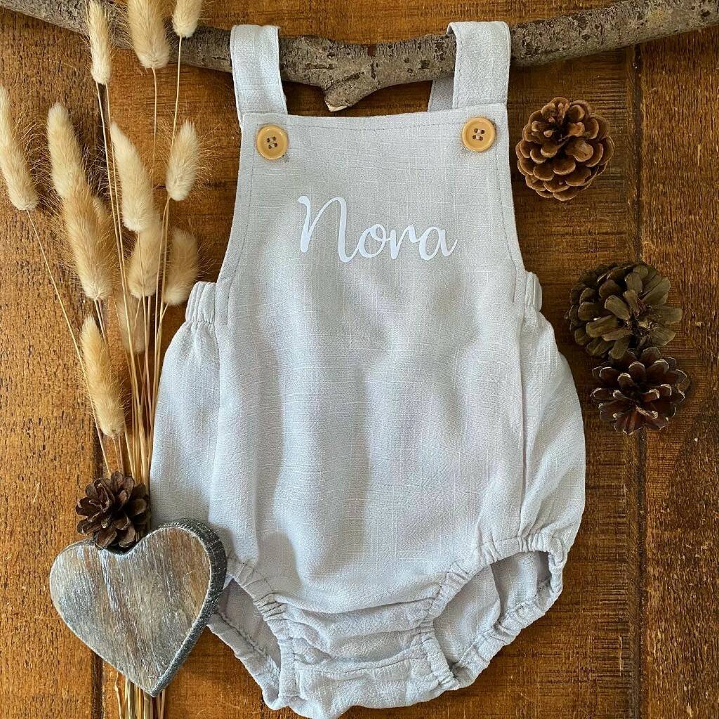 Personalised Linen Baby Romper, 1 of 4