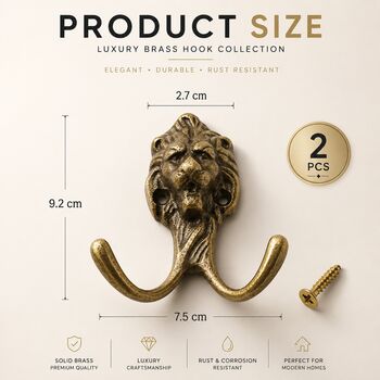 Vintage Brass Lion Wall Hooks Set Of Two, 7 of 9