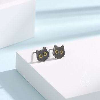 Cute Black Cat Stud Earrings In Sterling Silver, 2 of 12