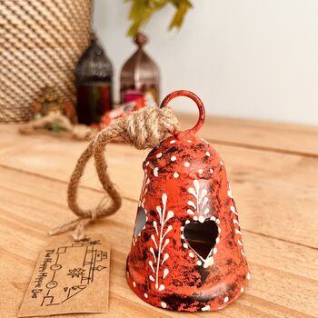 Orange Terracotta Red Hand Painted Hanging Heart Bell, 7 of 8