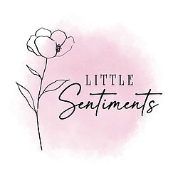 Pink Background, line drawn poppy flower. The words "little sentiments" in a decorative font