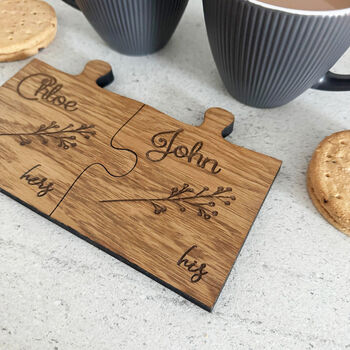 Oak Veneer Personalised Jigsaw Coasters Twig Design, 4 of 6