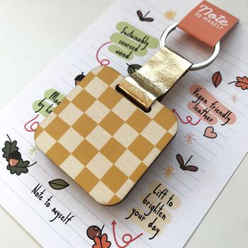 Personalised Yellow Checkered Print Wooden Keyring, 4 of 5