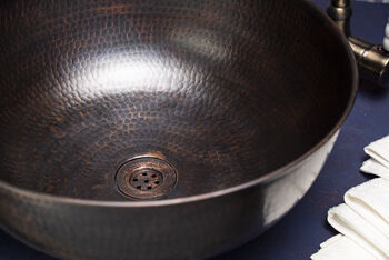 Hammered Solid Copper Farmhouse Kitchen And Bathroom Sink, 400 Mm Diameter, 7 of 11