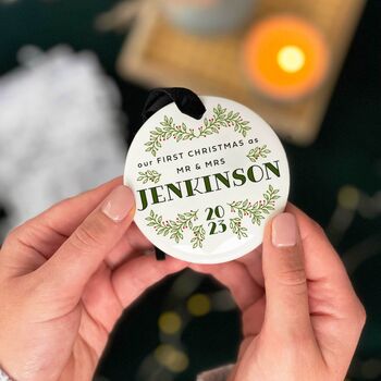 First Christmas Married Personalised Ceramic Bauble, 5 of 8