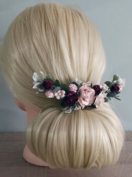 Burgundy And Blush Pink Flower Hair Comb, 3 of 6