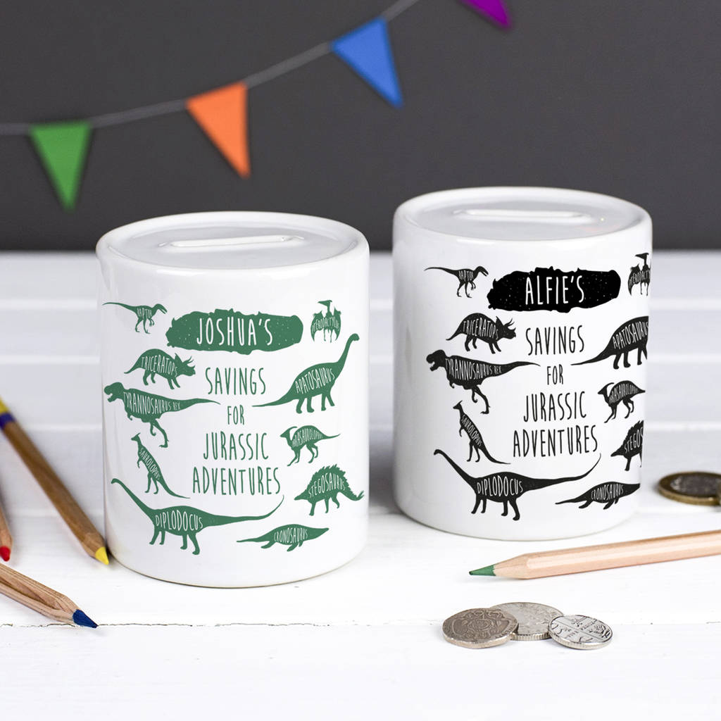 personalised dinosaur money box by the little picture company