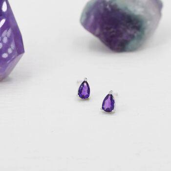 Sterling Silver Tiny Genuine Amethyst Droplet Stud Earrings, 4 of 11