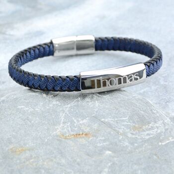 Personalised Men's Leather And Cotton Sliding Bar Bracelet, 2 of 9