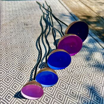 Set Of Five Copper Rain Catchers Pink, Blue, Lilac, Light Blue And Purple Garden Sculptures, 6 of 7