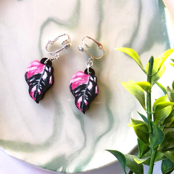 Pink Philodendron Leaf Plant Earrings, 3 of 12