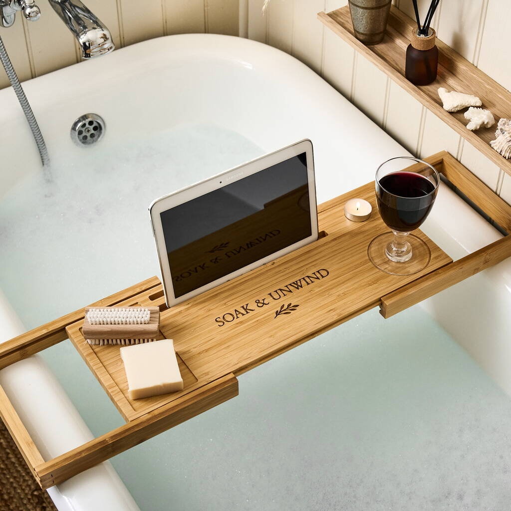 Engraved Wooden Bath Caddy, 1 of 3
