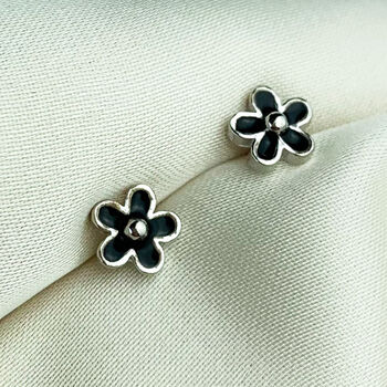 Sterling Silver Tiny Black Or White Flower Stud Earrings, 6 of 9