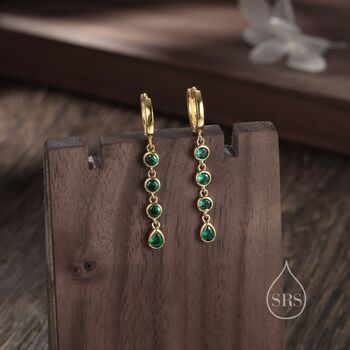 Emerald Green Cz Dangle Chain Huggie Hoop Earrings, 4 of 10
