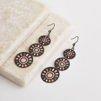 Pink Multicolour Triple Disc Drop Boho Earrings, 2 of 3
