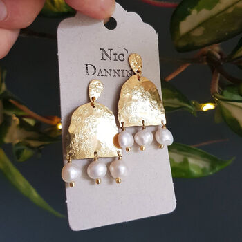 'Titans Eos' Pearl And Hand Beaten Brass Earrings, 2 of 4