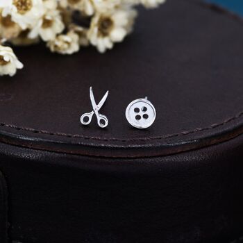 Mismatched Scissors And Button Stud Earrings, 2 of 12