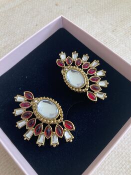 Red Kundan Statement Lightweight Earrings, 3 of 5