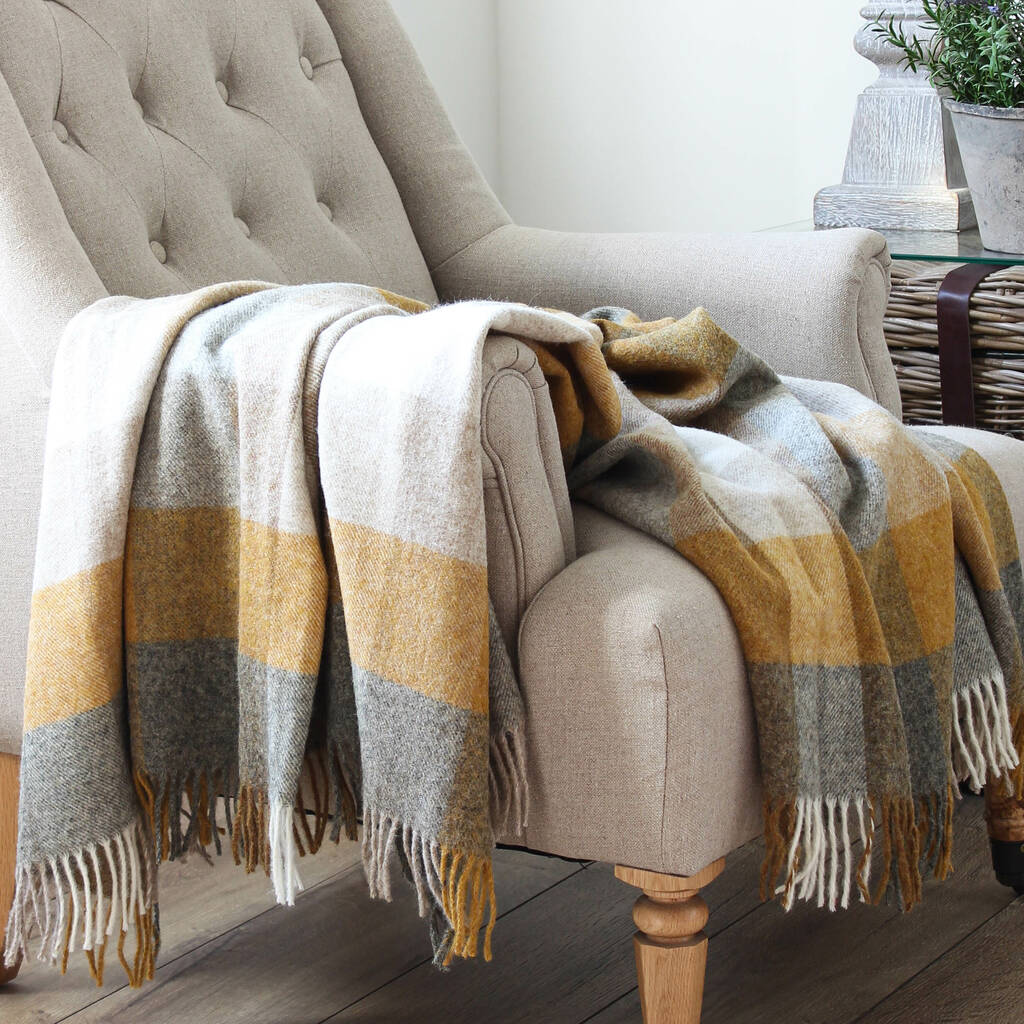 Mustard And Grey Check Wool Throw, 1 of 4