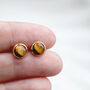 Tiny Gold Stud Earrings With Tigers Eye Crystal, thumbnail 4 of 4