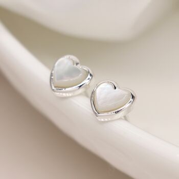Sterling Silver Mother Of Pearl Heart Stud Earrings, 3 of 8