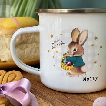 Retro Easter Bunny Check Background Enamel Mug, 6 of 9