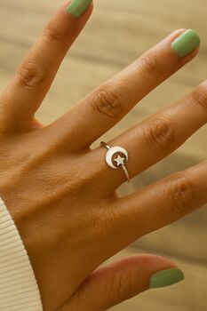 Sterling Silver Adjustable Moon And Star Open Ring, 5 of 8