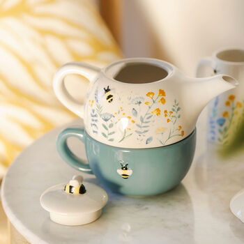 Cornflower Blue Floral Bee Ceramic Teapot And Mug Set, 2 of 9
