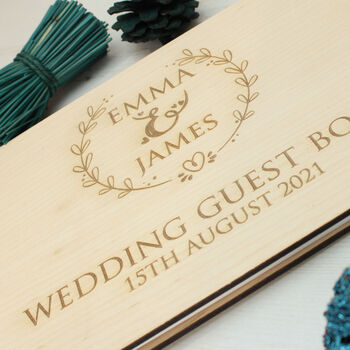 Personalised Wooden Engraved Wreath Wedding Guest Book, 3 of 6
