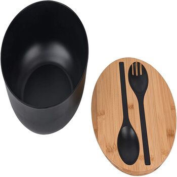 Black Solid Bamboo Salad Wooden Bowl With Server Set, 3 of 8