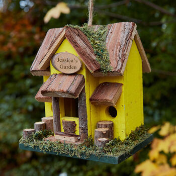 Personalised Yellow Lodge Wooden Bird House, 4 of 8
