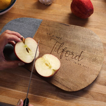 Personalised Mr And Mrs Wood And Slate Chopping Board Perfect Wedding Gift, 2 of 5