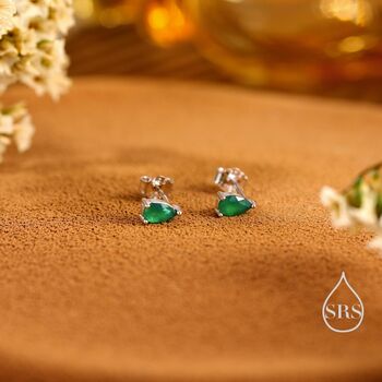 Sterling Silver Extra Tiny Genuine Green Onyx Droplet Stud Earrings, 3 of 10