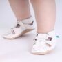 Dotty Fish White Flower Soft Leather Baby Sandals With Barefoot Soles, thumbnail 1 of 7