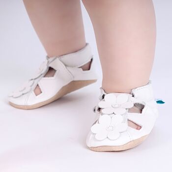 Dotty Fish White Flower Soft Leather Baby Sandals With Barefoot Soles, 2 of 8
