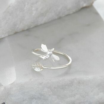 Adjustable Bee And Leaf Ring In Sterling Silver, 2 of 4