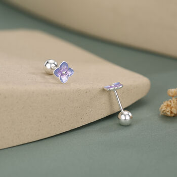 Sterling Silver Purple Hydrangea Flower 18 G Screw Back Stud Earrings With Ball Backs, 3 of 10