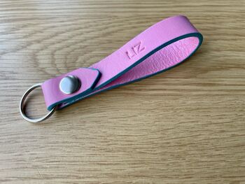 Personalised Handmade Leather Keyring, Pink And Blue, 9 of 10