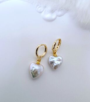 Irregular Baroque Pearl 16k Gold Plated Heart Drop Earrings, 4 of 7
