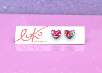 Pink Festival Confetti Love Heart Earrings Studs, 4 of 5
