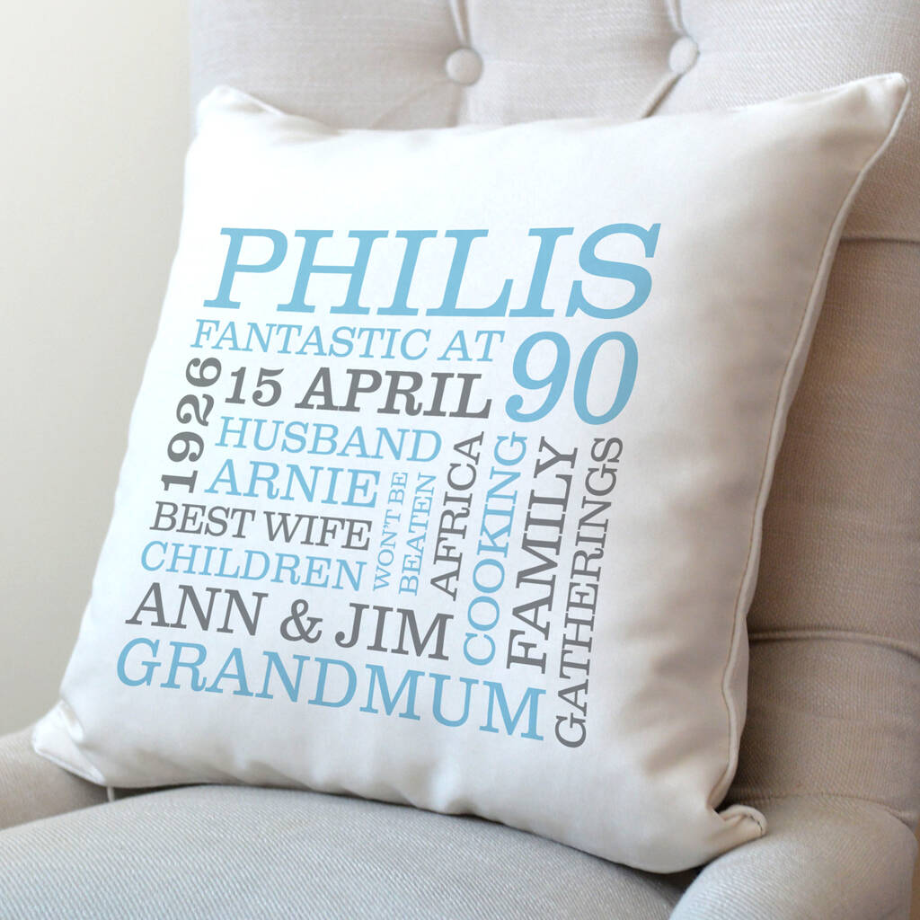 Personalised 90th Birthday Word Art Cushion, 1 of 8