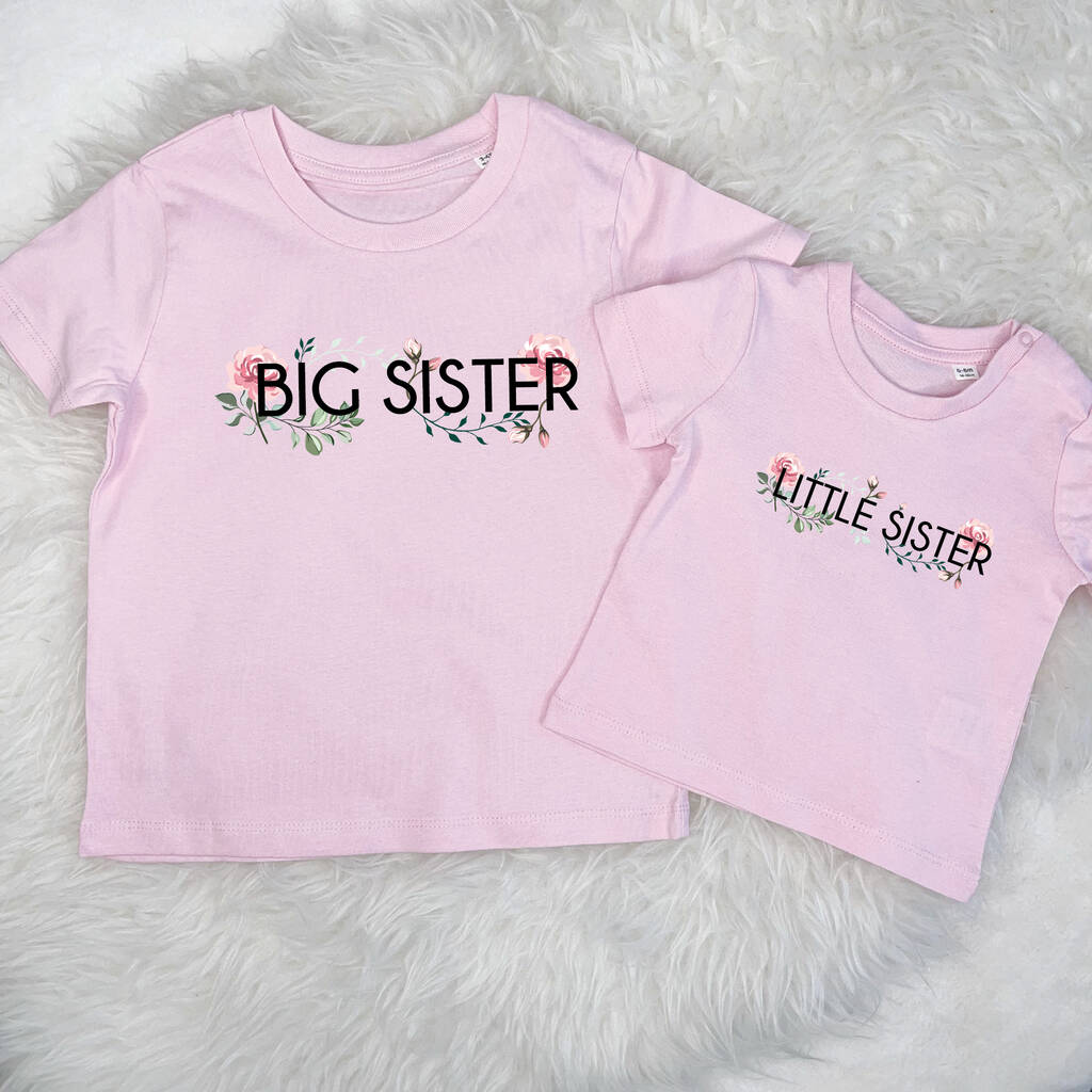 Big Sister Little Sister T Shirts With Roses On Pink, 1 of 4
