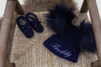 Personalised Baby Blue Double Pom Pom Winter Hat And Booties, 8 of 9